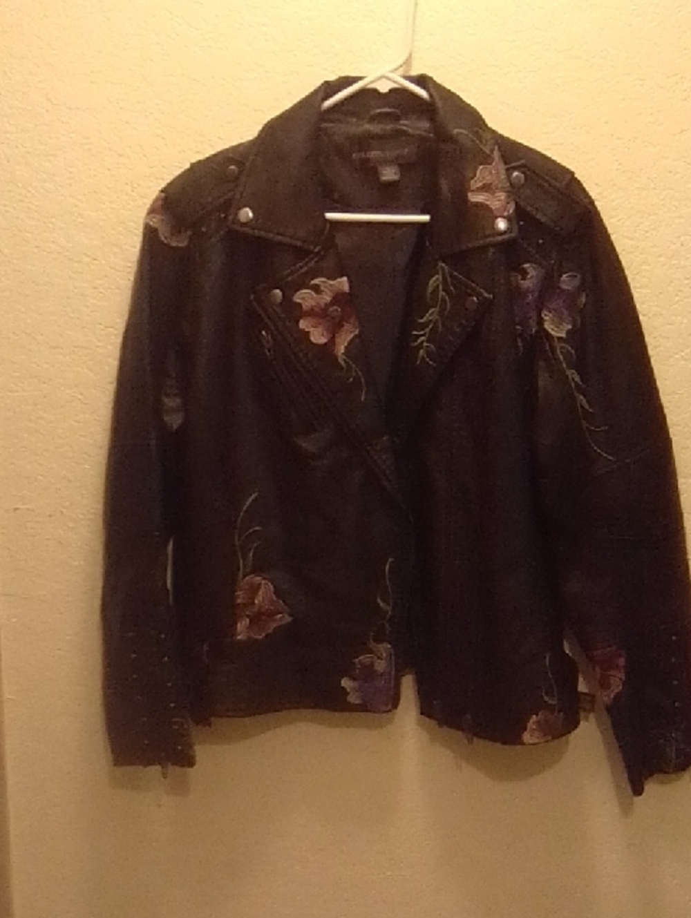 Colleen Lopez Black Leather Floral-Embroidered Moto Jacket